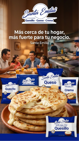 Presentaciones reales de quesillo, queso y crema Santa Emilia para hogar y negocio