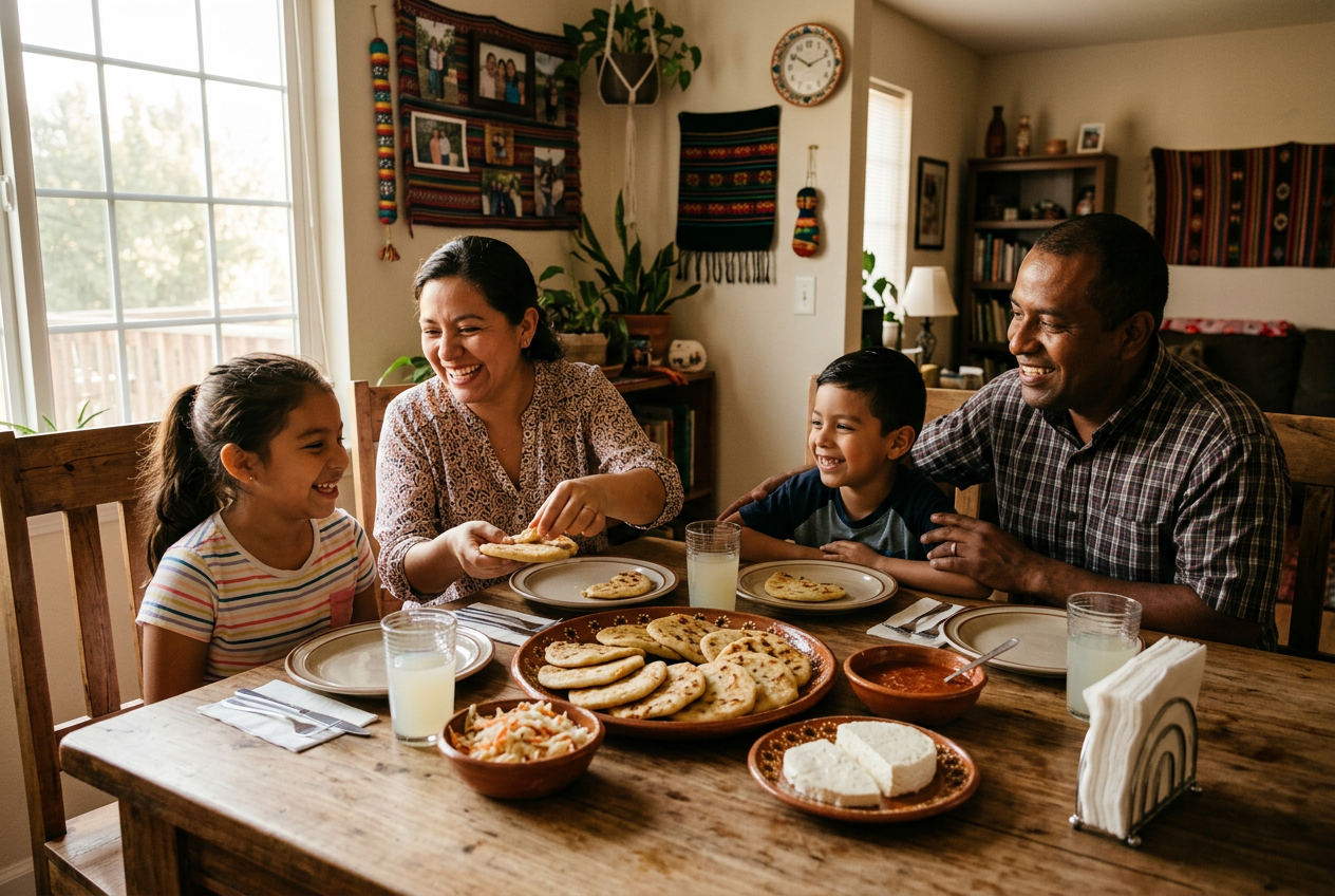 Familia salvadoreña con productos Santa Emilia: quesillo, queso y crema